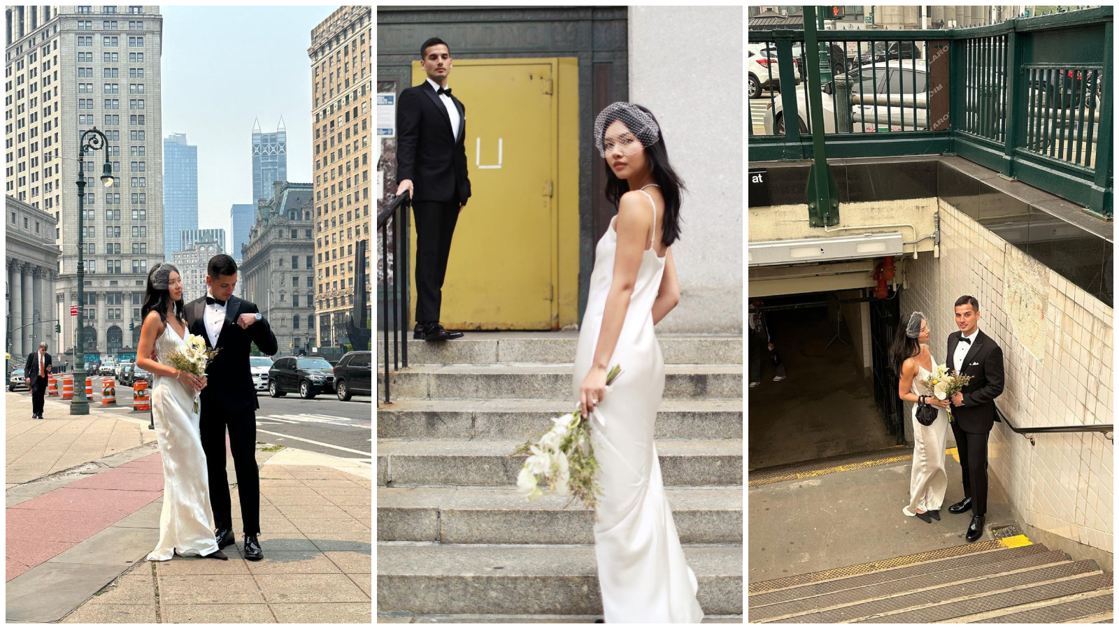 Minimalistična newyorška poroka: slip poročna obleka in črni čevlji za zelo šik nevesto